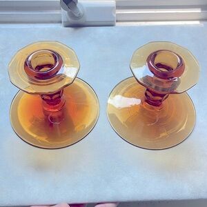 Pair of 2 Decagon Pattern Vintage Amber Dimpled Stem Candlestick Holders 3 3/4”H